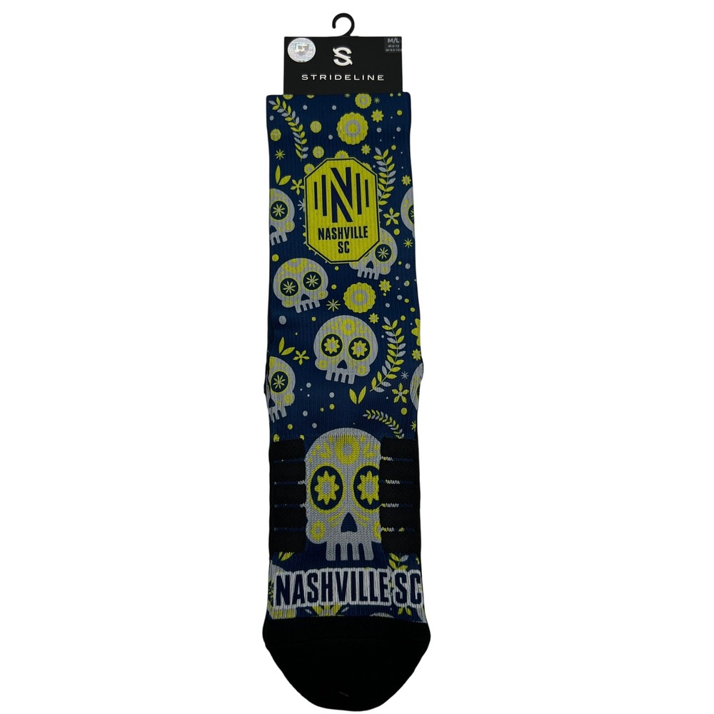 Strideline Nashville SC MLS Sugar Skulls Crew Socks Navy‎ Gold Mens 8-12 NEW
